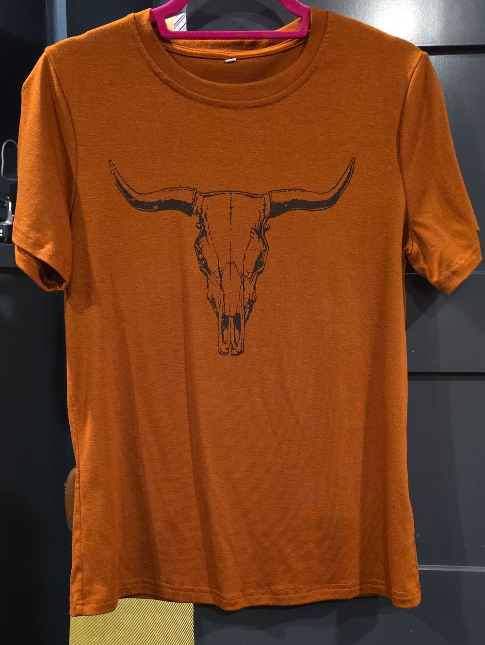 Rust Orange Short Sleeve Tee with Bull Skull Graphic - Women's